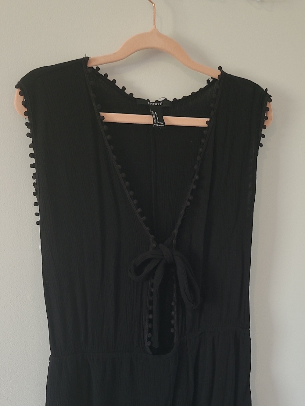 Romper With Black Pom-Pom Trim and  V-Neck Tie